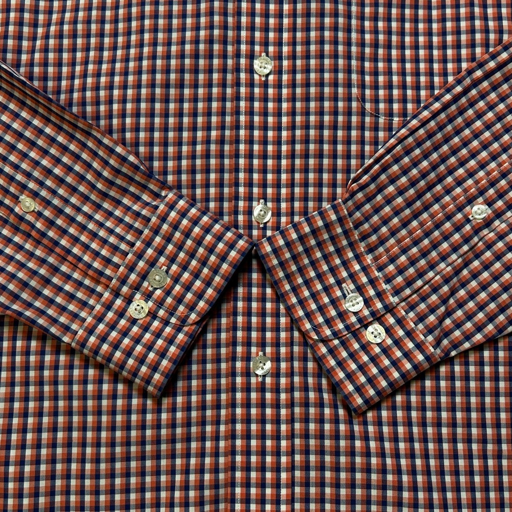 Brooks Brothers Regent Shirt Mens L Non Iron Gingham Orange Blue Supima Cotton - Picture 3 of 9